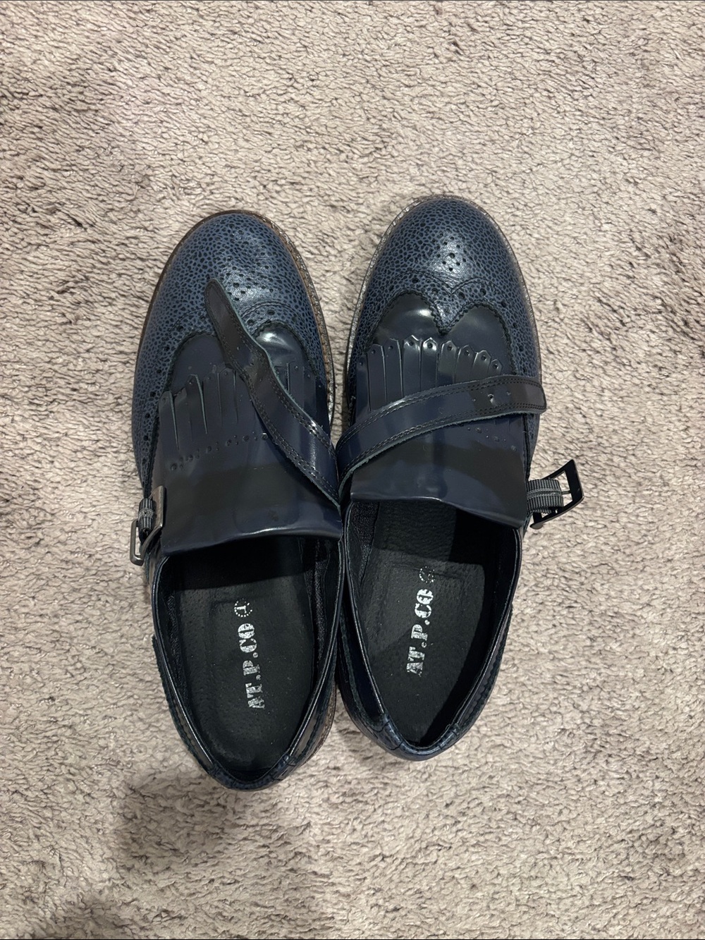 Men's Navy Wingtip Kiltie Monk-Strap Slip-Ons